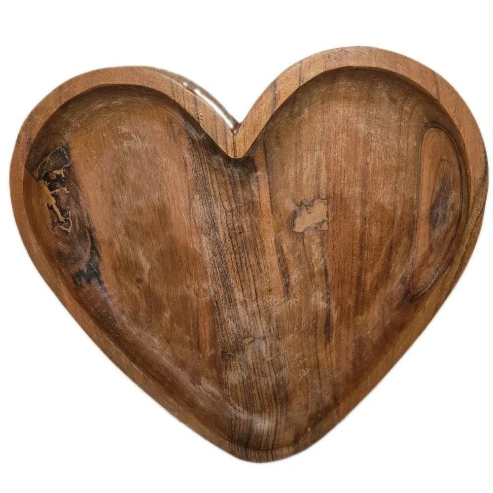 Vintage Decorative Hand-Carved Wood Heart Bowl - Rustic Country Farmhouse Decor